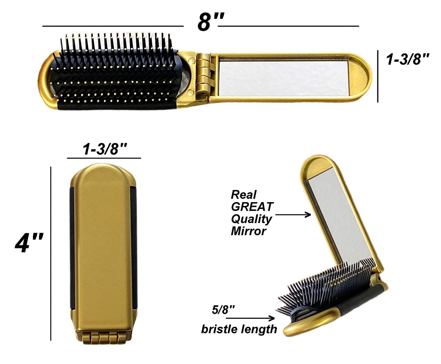 Pocket-Size Folding Travel Brush with Mirror (Gold)