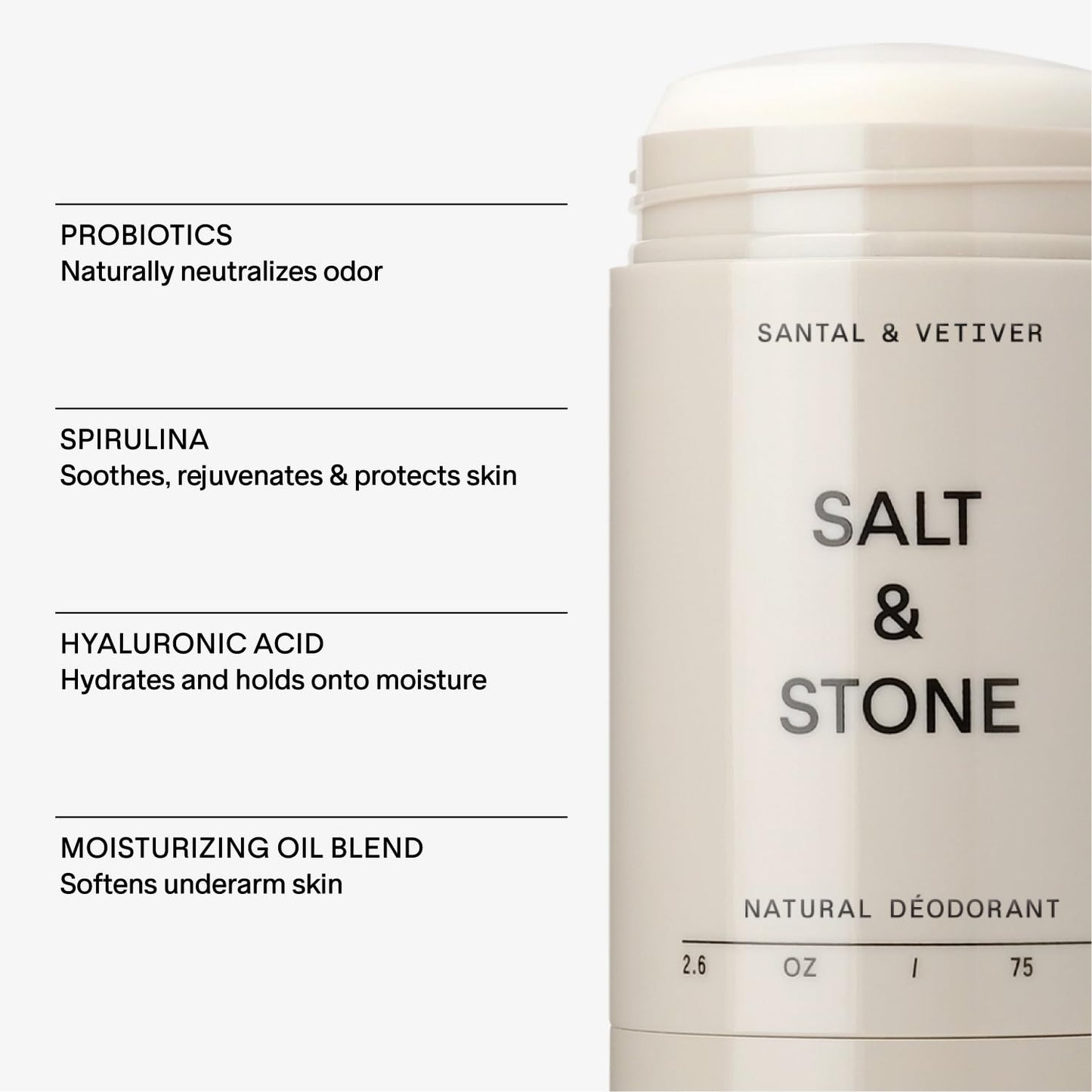 SALT & STONE Natural Deodorant - Santal | Extra Strength Natural Deodorant for Women & Men | Aluminum Free with Probiotics, Seaweed Extracts & Shea Butter (2.6 oz)