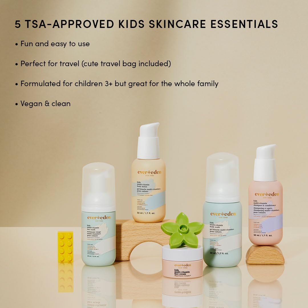 Evereden Kids Travel Set: Clean & Vegan 5-Piece Skin Care Set for Kids | Multi-Vitamin Kids Skin Care Set w/t Body Wash, Lotion, Face Wash, Cream, Shampoo & Conditioner | TSA approved