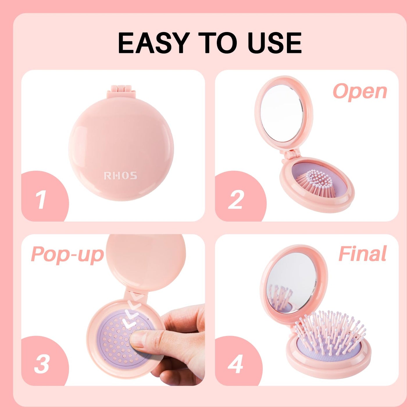 Round Folding Brush with Mirror (Pink)