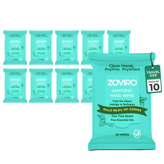 Zoviro Hand Sanitizer Wipes, Tea Tree Essential Oil, Hand Wipes Travel Size, Moisturizing Sanitizing Wipes, Tea Tree Scent, 20 Count (Pack of 10)