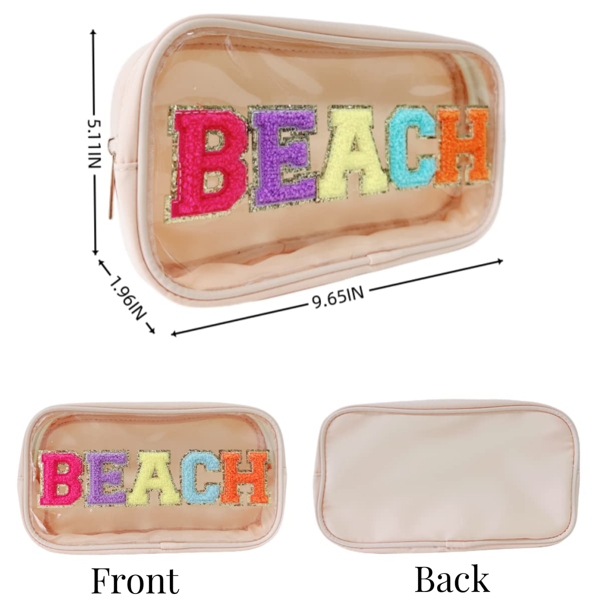 cqoogrlx Clear Makeup Letter Bag Chenille Letter patch Beach Makeup Bag Cosmetic Bag for Beach Travel Nylon & Pvc Waterproof Organization Outdoor Zipper Pouch Toiletry Bag for Women Girls