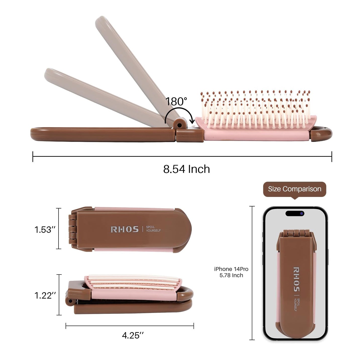 Folding Hairbrush with Soft Nylon Bristles and Mirror (Brown)