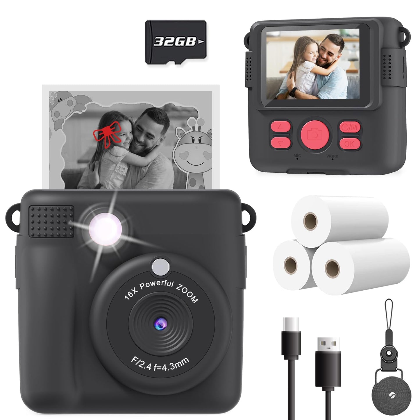 ESOXOFFORE Kids Camera Instant Print, Christmas Birthday Gifts for Kids Age 3-12, Selfie Digital Camera with 1080P Videos,Toddler Portable Travel Camera Toy for 4 5 6 7 8 9 Year Old Boys Black