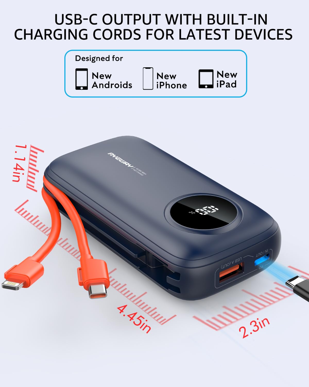 Portable USB-C Power Bank with Short Red Integrated Cables