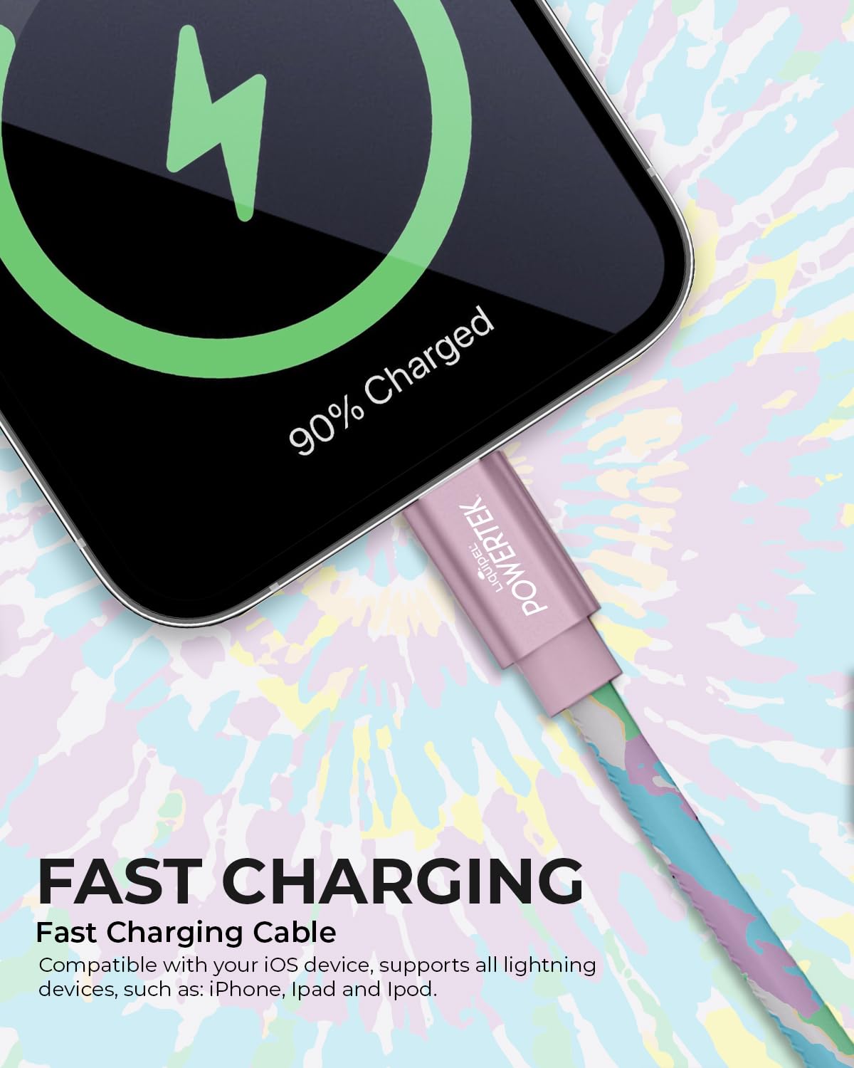 LIQUIPEL Powertek iPad & iPhone Lightning Charger Cable, Fast Charging 6ft MFI, Tie Dye Black (Rainbow)