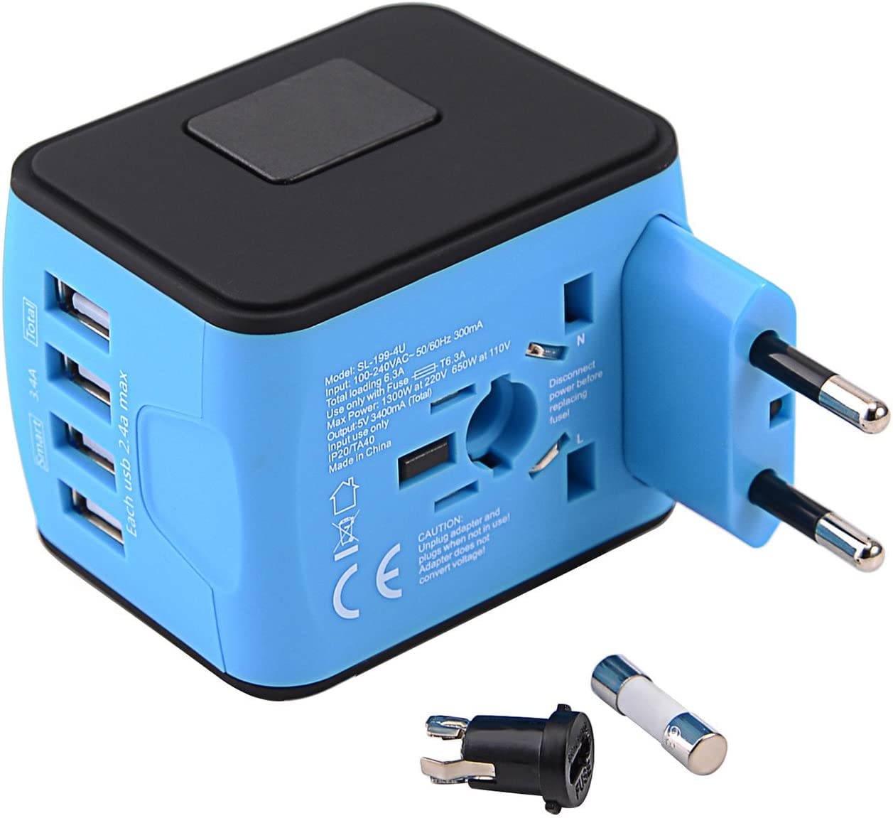 International Travel Adapter Universal Power Adapter Worldwide All in One 4 USB Perfect for European US, EU, UK, AU 160 Countries (Blue)