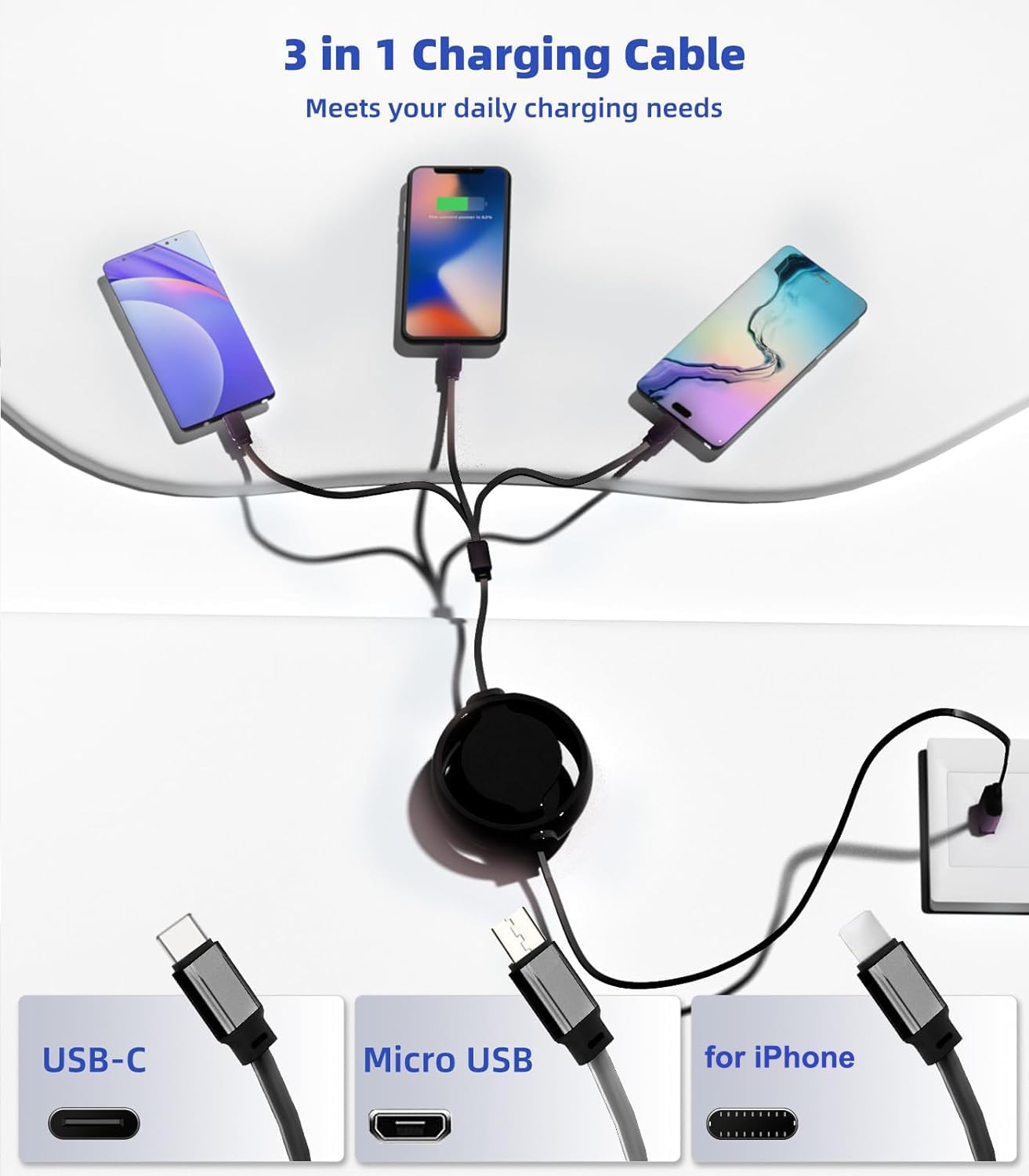 GLOGO 3 in 1 Retractable Charging Cable [3A,3FT] Multi USB Cable Fast Charger Cord for Phone, Samsung, iPad, Tablets, Switch and More (Black)