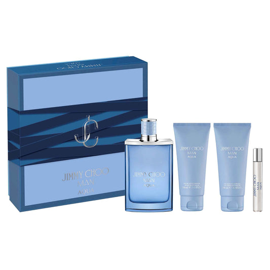 Jimmy Choo Man Aqua EDT 4 Piece Set - 3.3 & 0.25 fl. oz. Spray, 3.3 fl. oz. Shower Gel, 3.3 fl. oz. After Shave Balm - Long Lasting Fragrance with notes of Grapefruit, Geranium & Moss - Sweet & Woody