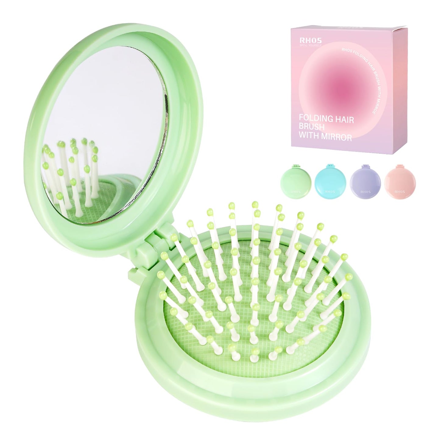 Round Folding Brush with Mirror (Fresh Green)