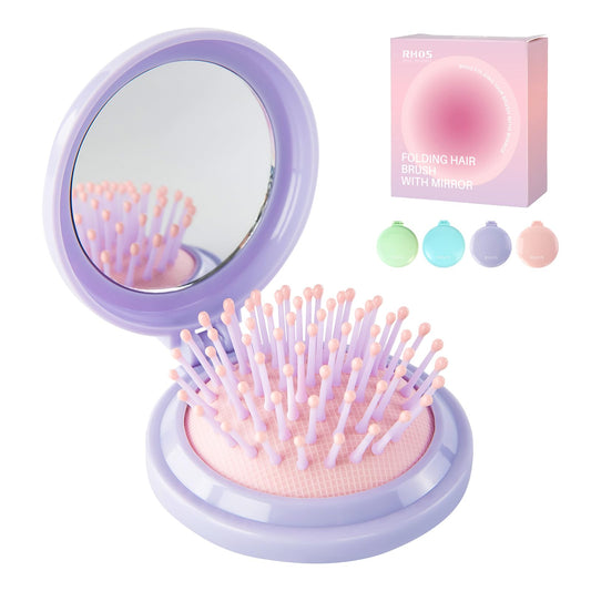 Round Folding Hairbrush with Mirror (Lavender Purple)