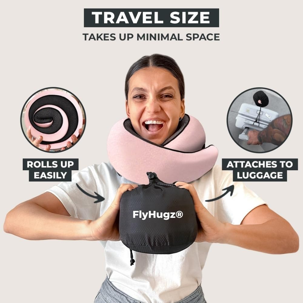 FlyHugz® Neck Travel Pillow | Memory Foam Neck Pillow for Comfort on Airplane | Compact and Ergonomic Design for Travel, Car Rides, and Home Use | Ideal for Adults and Kids (Pink)