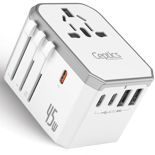 Ceptics Universal Travel Adapter w/ 2X USB-A and 3X USB-C, 6 in 1 Travel Adapter 45W for Global use, International Adapter for Mobile, Laptops, All in one Adapter for US, EU, UK & More, UP-45W-WH