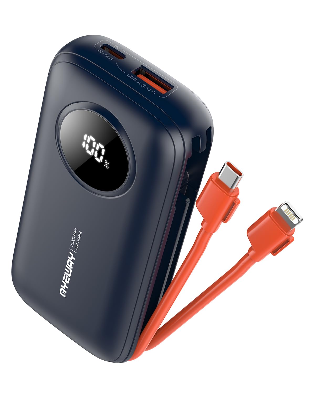 Portable USB-C Power Bank with Short Red Integrated Cables