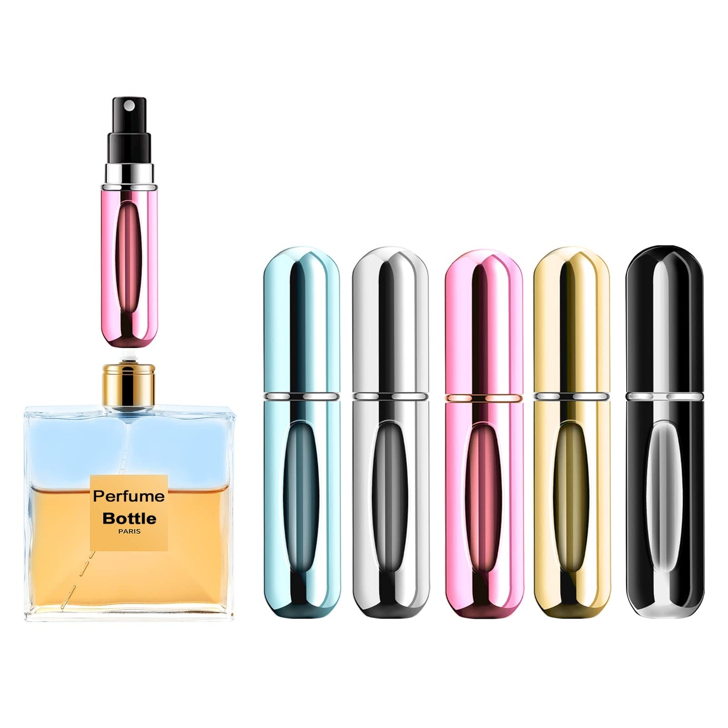 Portable Mini Refillable Perfume Atomizer Bottle Refillable Spray, Atomizer Perfume Bottle, Scent Pump Case, Perfume Atomizer Refillable Travel (5ml, 5 Pack) (Pink, Gold, Black, Silver, Blue)