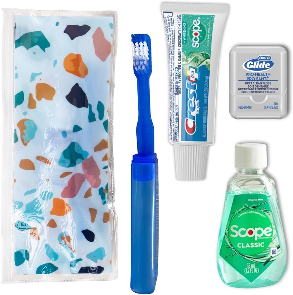 Dental Travel Kit with Travel Toothbrush, Travel Sized Toothpaste, Mouthwash and Floss in a Reusable Zipper Pouch, Ideal for Traveling (TSA Approved), Toothbrush Travel Kit