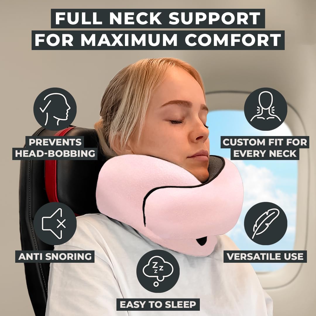 FlyHugz® Neck Travel Pillow | Memory Foam Neck Pillow for Comfort on Airplane | Compact and Ergonomic Design for Travel, Car Rides, and Home Use | Ideal for Adults and Kids (Pink)