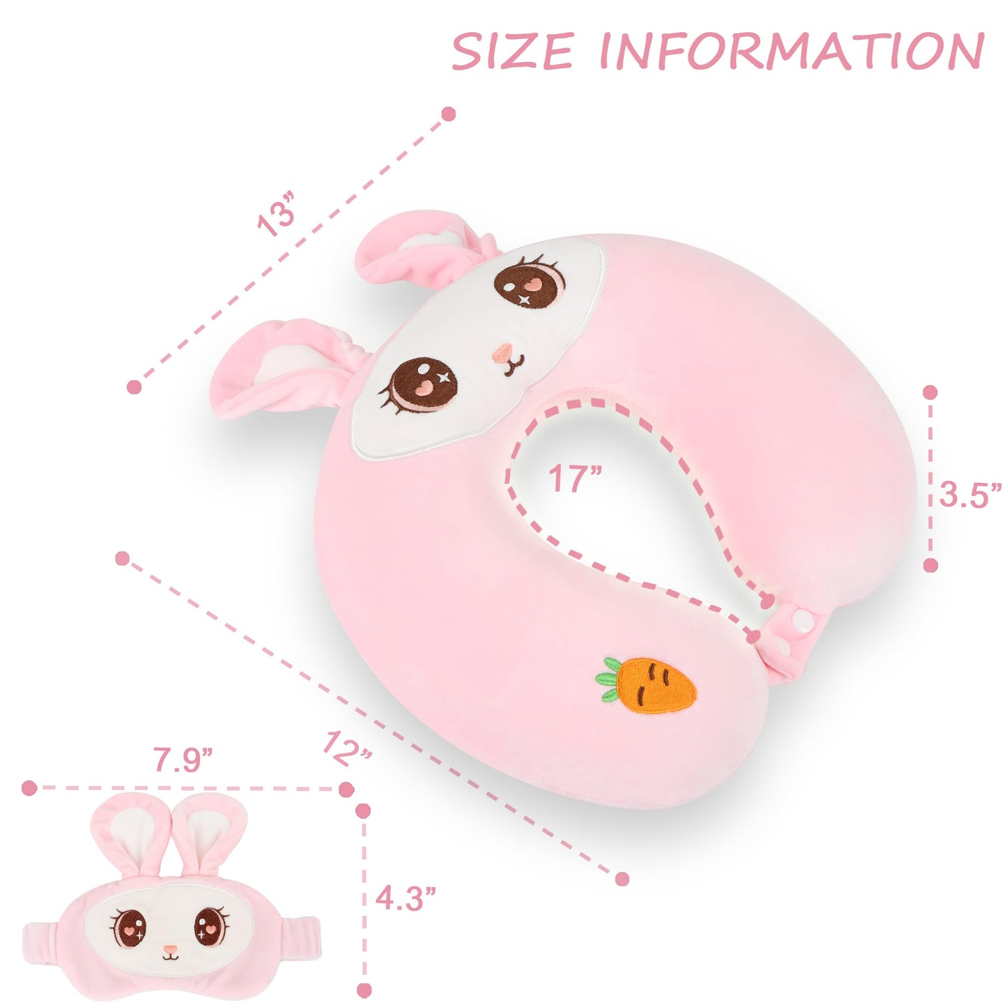 Sexysamba Cartoon Headrest & Neck Pillow for Kids Boys & Girls, Teens, Travel Accessories for Airplane, Car, Recline, Memory Foam Cute Travel Pillow with Sleep Eye Mask - Pink Rabbit