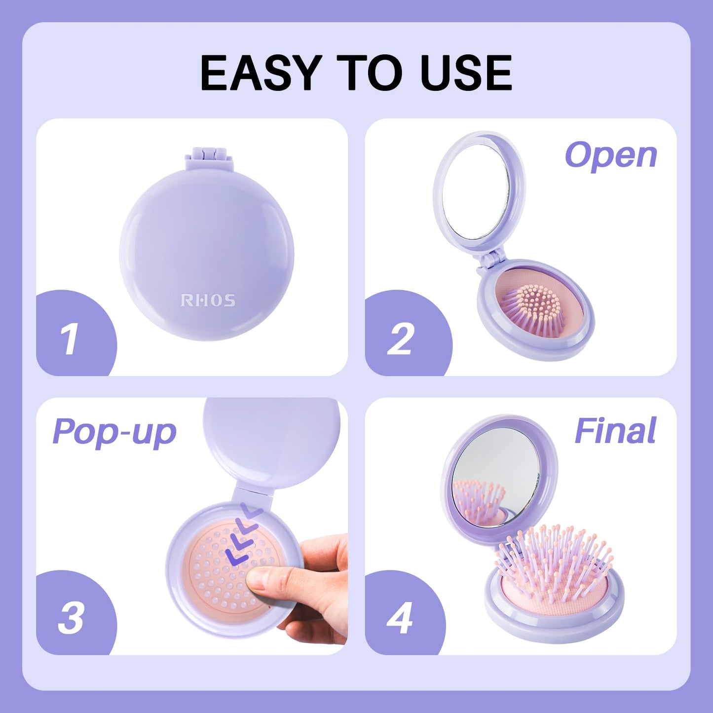 Round Folding Hairbrush with Mirror (Lavender Purple)