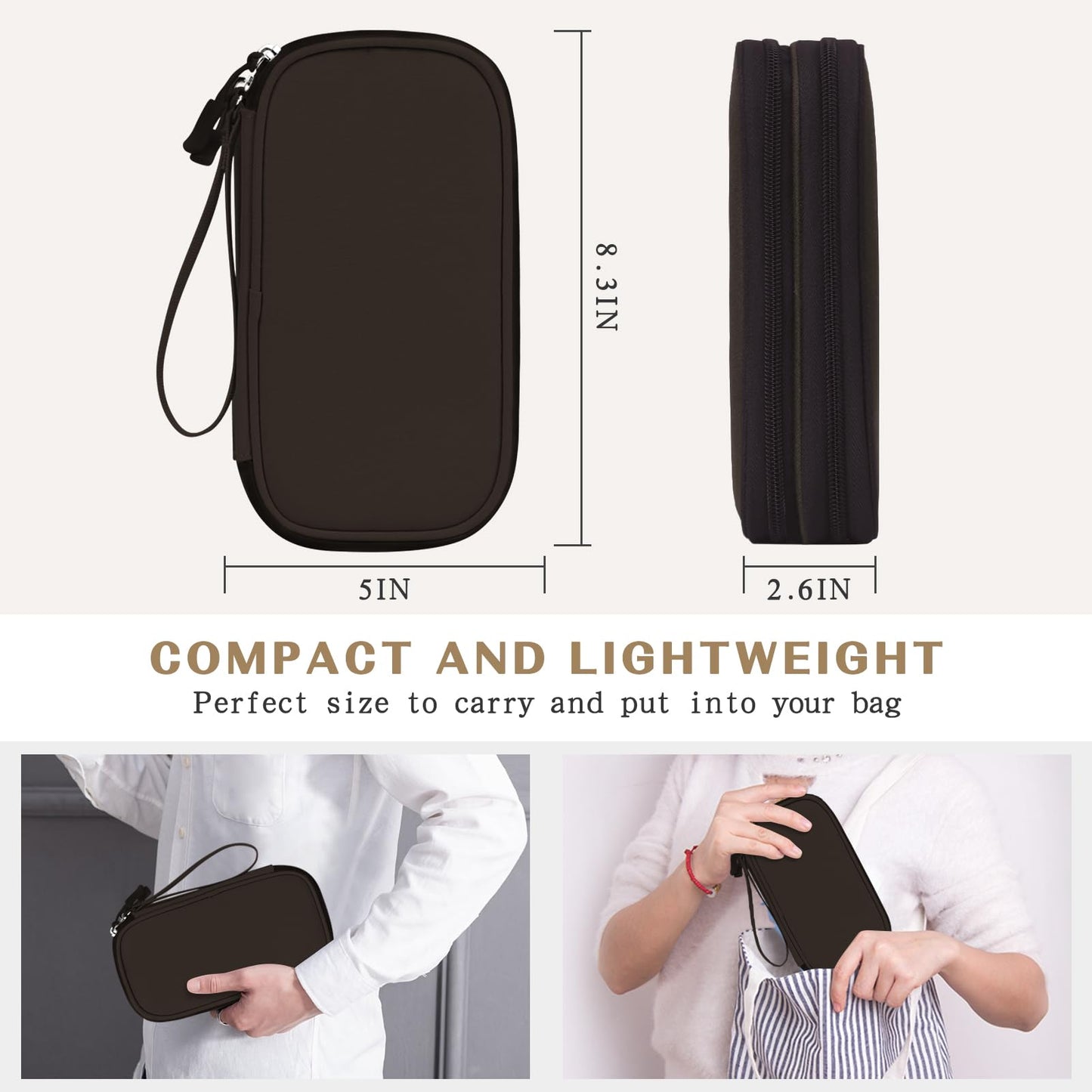 FYY Electronic Organizer, Travel Cable Organizer Bag Pouch Electronic Accessories Carry Case Portable Waterproof Double Layers Storage Bag for Cable, Charger, Phone, Earphone, Medium Size- Coffee