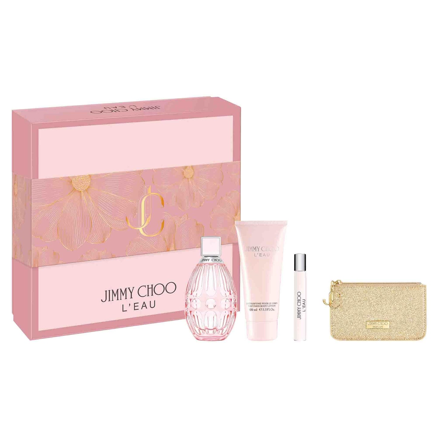 Jimmy Choo L'Eau Eau de Toilette 4 Piece Set - 3.3 & 0.25 fl. oz. Spray, 3.3 fl. oz. Body Lotion, Pouch - Long Lasting Fragrance with notes of Bergamot, Nectarine & Cedarwood - Fruity & Musky