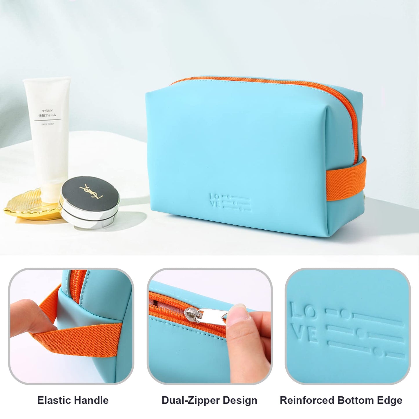 Small Makeup Bag Portable Cute Travel Makeup Bag for Women Zipper Pouch Makeup Organizer Bag PU Leather Waterproof Cute Toiletry Bags(light blue)