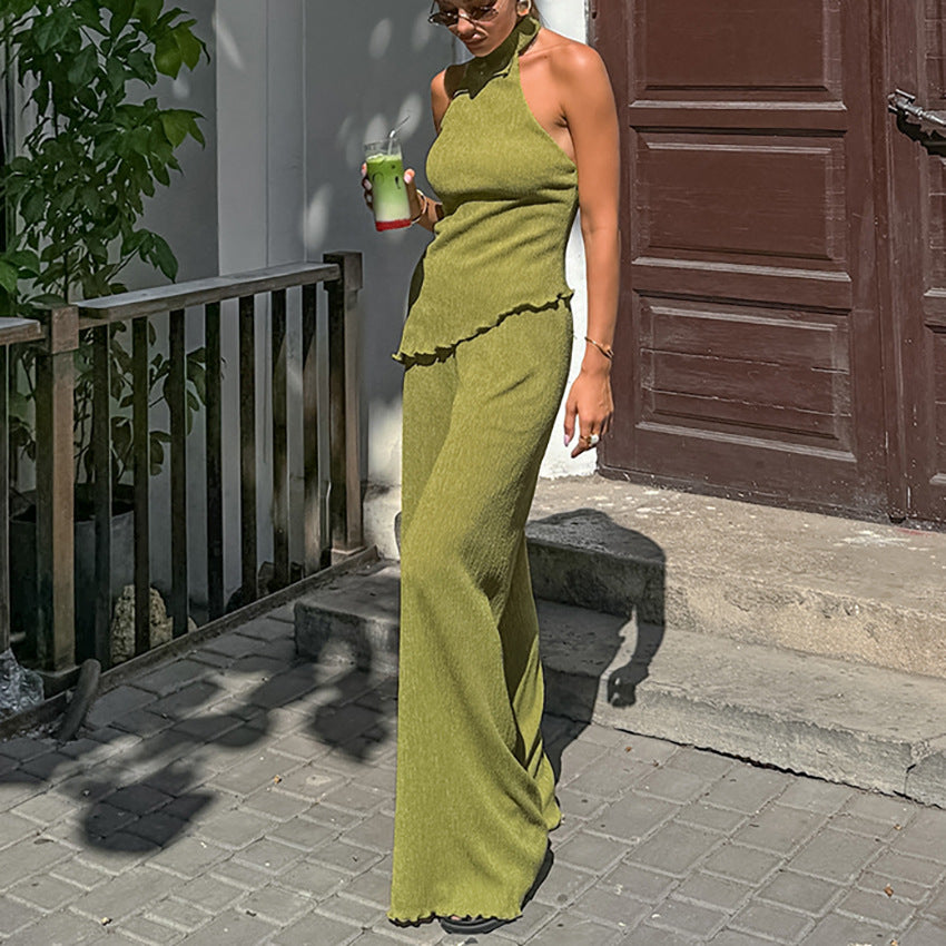 Elegant Travel-Ready Two-Piece Halter and Pants Set (Green)