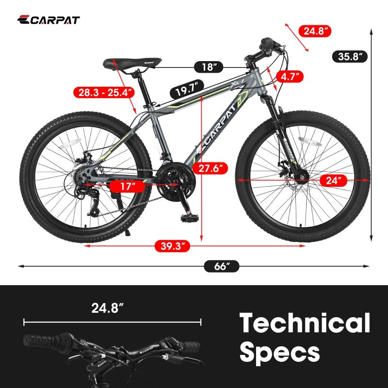 24 Inch Mountain Bike, Suitable For Boys And Girls, Steel Frame, Shimano 21 Speed Mountain Bike, With Dual Disc Brakes And Front Suspension, Banned Platform Temu