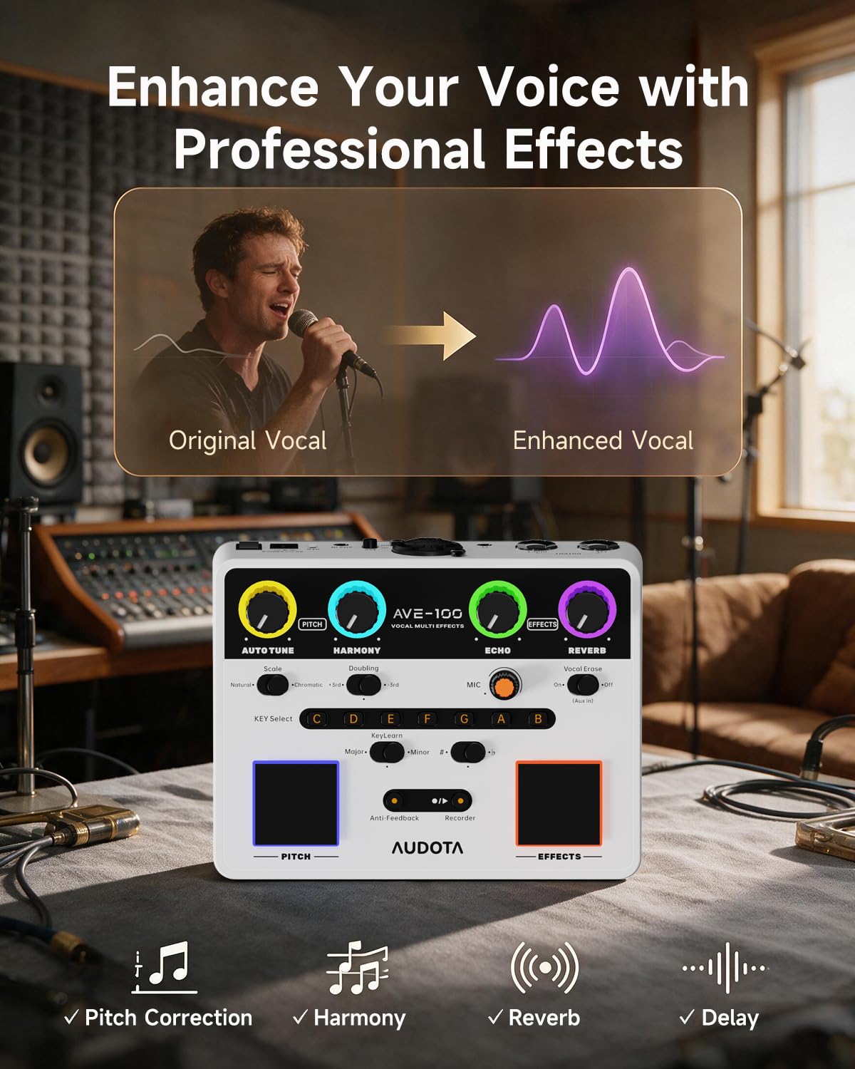 AVE-100 Vocal Effects Processor, Vocal Harmonizer with Pitch Correction, Harmony, Reverb & Delay, Key Detection, Anti-Feedback, Loop Recorder, 48V Phantom Power for Singers, Live Performance & Record