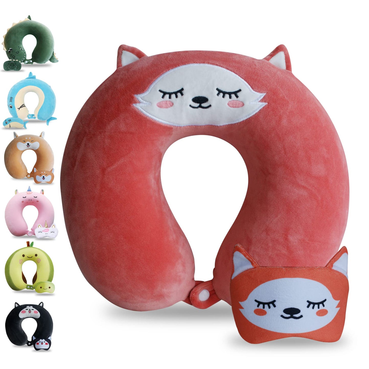 Sexysamba Cartoon Headrest & Neck Pillow for Kids Boys & Girls, Teens, Travel Accessories for Airplane, Car, Recline, Memory Foam Cute Travel Pillow with Sleep Eye Mask - Fox