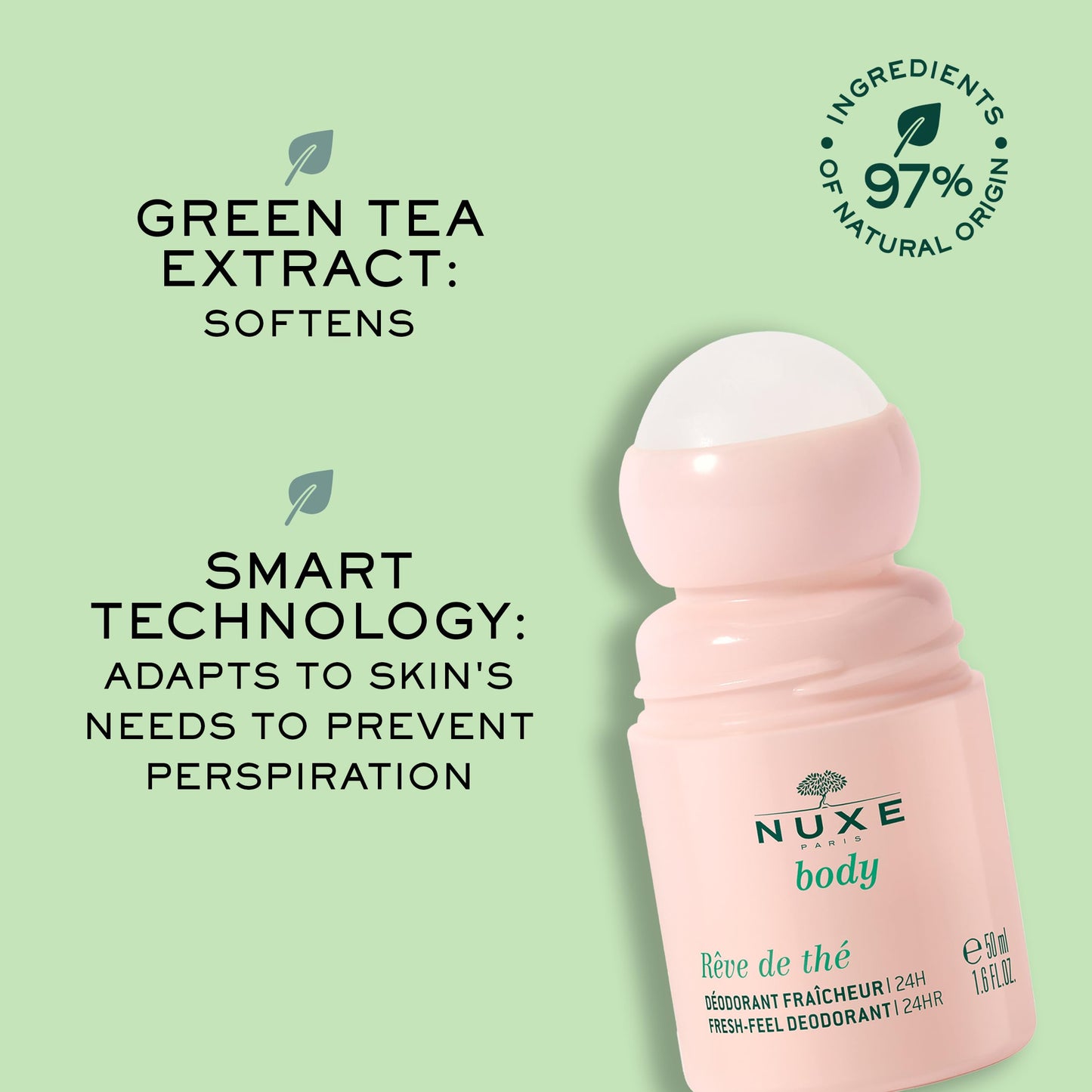 NUXE Aluminum Free Antiperspirant Deodorant Rêve de Thé. Natural 24-Hour Odor & Sweat Protection for Women, 1.6 Fl Oz