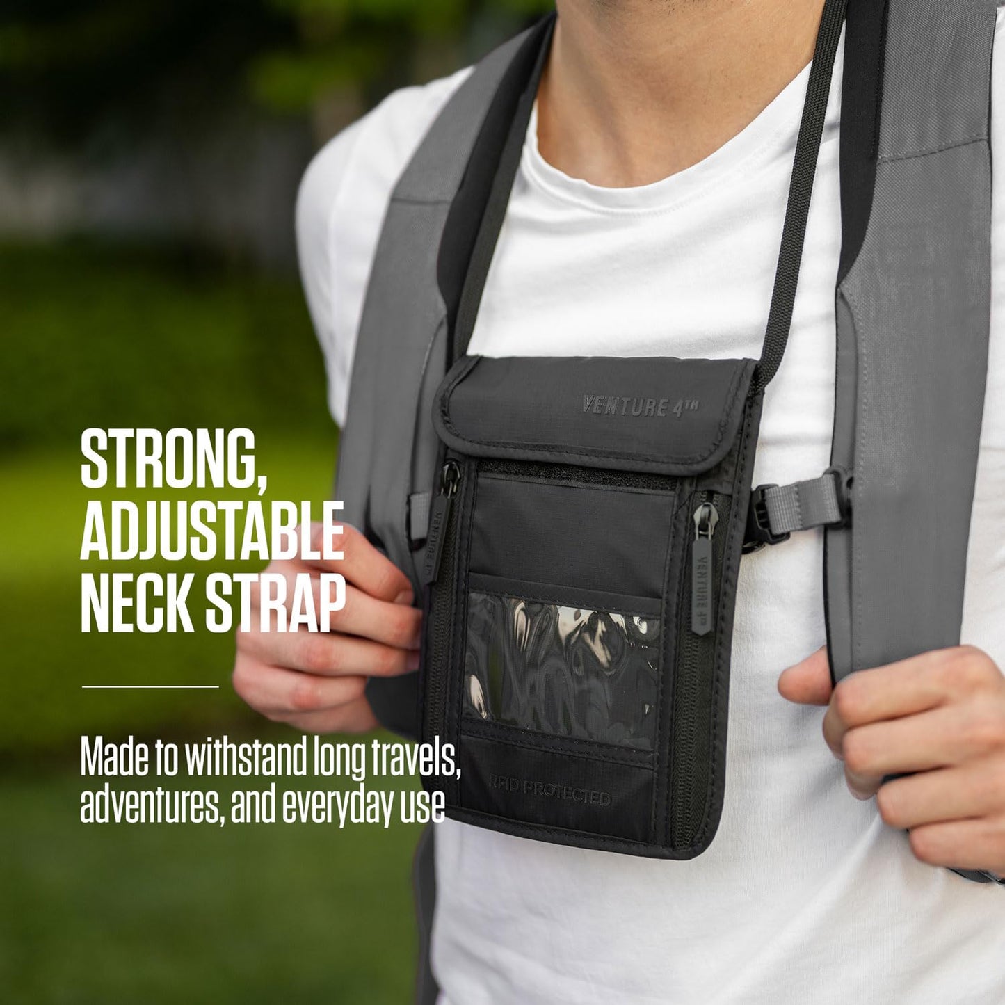 VENTURE 4TH Passport Holder Neck Wallet with RFID Blocking Nylon Lining - Hidden Neck Pouch for Travel (Sleek Beige)