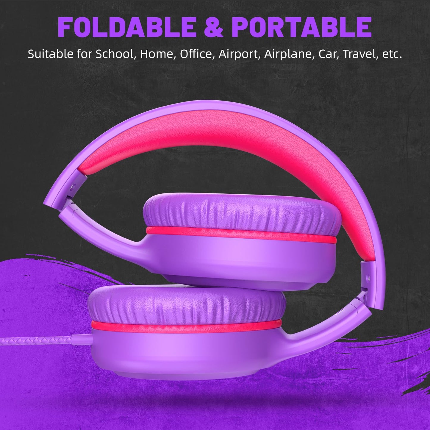 UKELALA U2 Wired Headphones for Kids Girls for School | Lightweight Folable Youth Headphones for Airplane Travel Classroom | Compatible with PC Laptop Tablet for Adults Student Children Purple