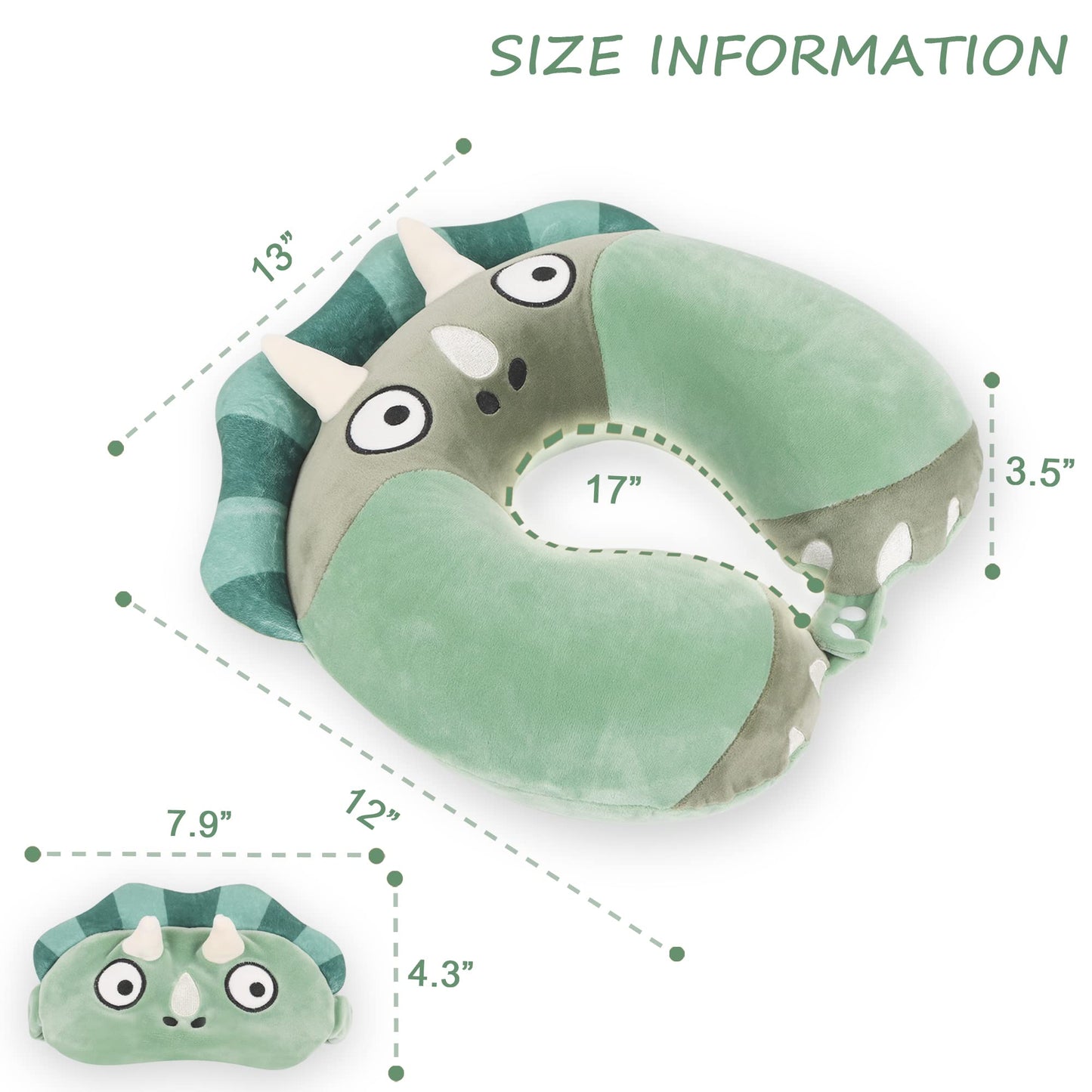 Sexysamba Cartoon Headrest & Neck Pillow for Kids Boys & Girls, Teens, Travel Accessories for Airplane, Car, Recline, Memory Foam Cute Travel Pillow with Sleep Eye Mask - Green Triceratops