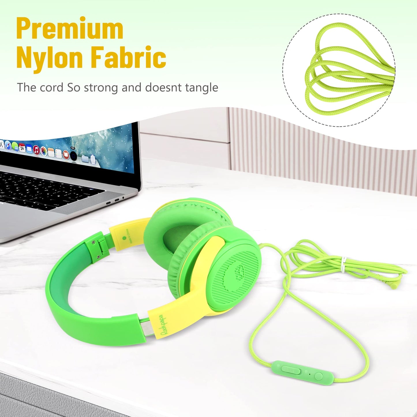 rockpapa Share 1 Kids Headphones Wired with Microphone & Share Port, 85dB/94dB Volume Limited, Cute Foldable Student Child Boys Girls Headphones for School/Classroom/Travel Green/Yellow