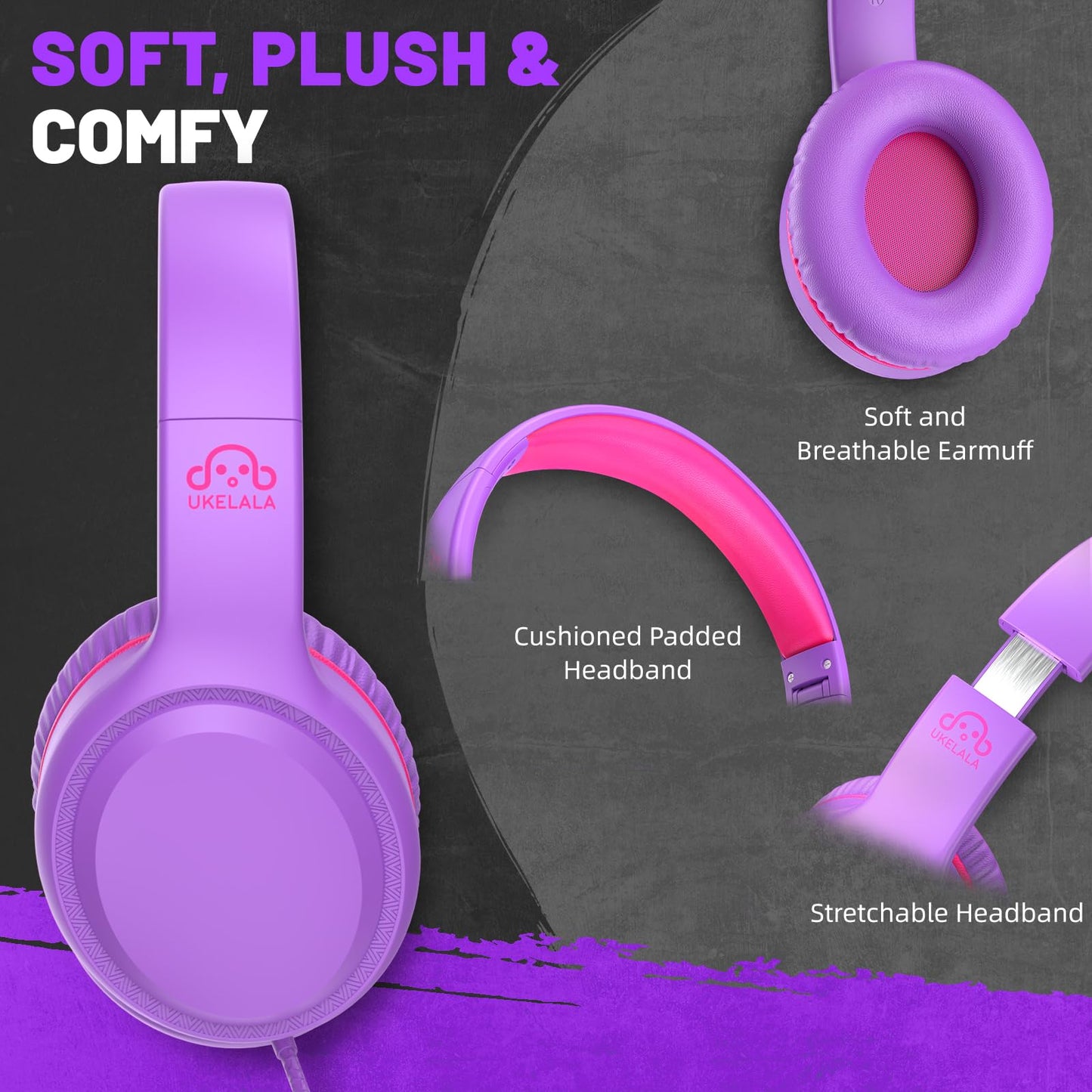 UKELALA U2 Wired Headphones for Kids Girls for School | Lightweight Folable Youth Headphones for Airplane Travel Classroom | Compatible with PC Laptop Tablet for Adults Student Children Purple