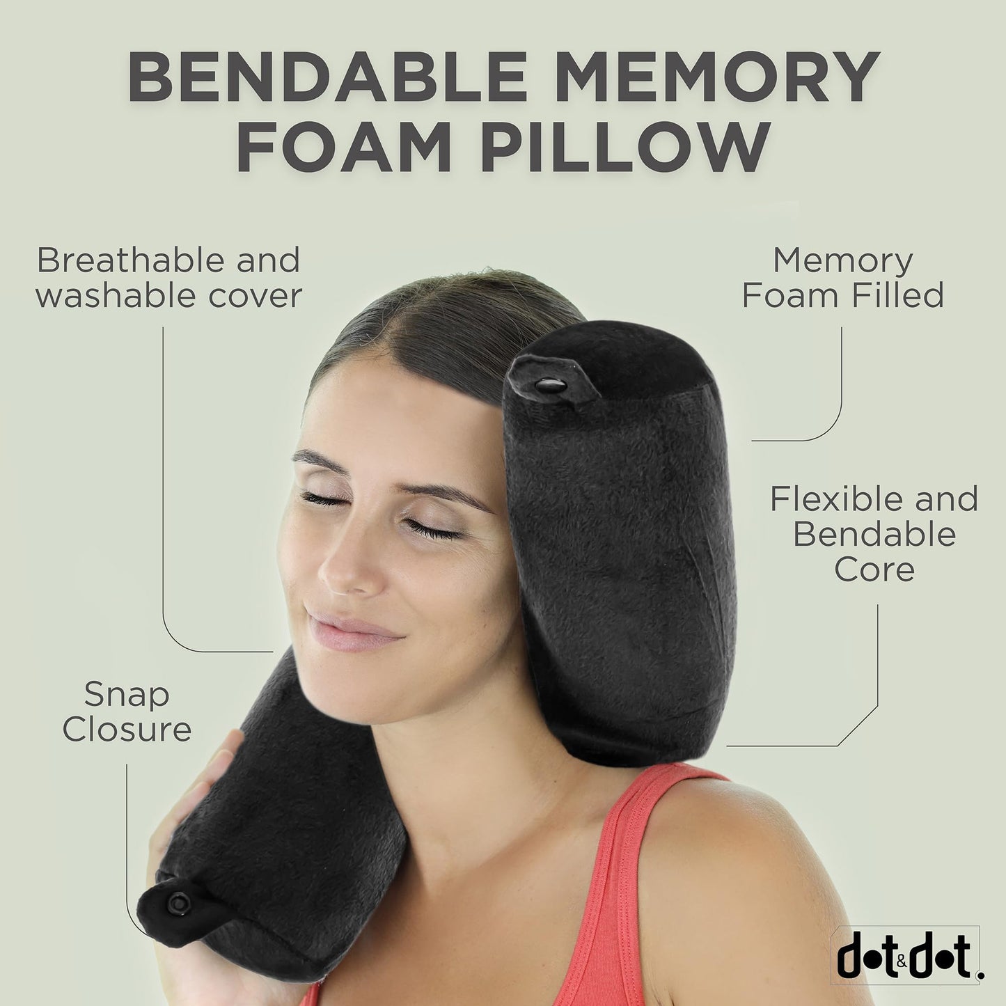 Dot&Dot Twist Memory Foam Travel Pillow for Airplanes - Travel Neck Pillow for Sleeping - Airplane Pillow for Neck Support, Chin, Lumbar and Leg - Adjustable, Bendable Neck Roll Pillow (Velvet Black)