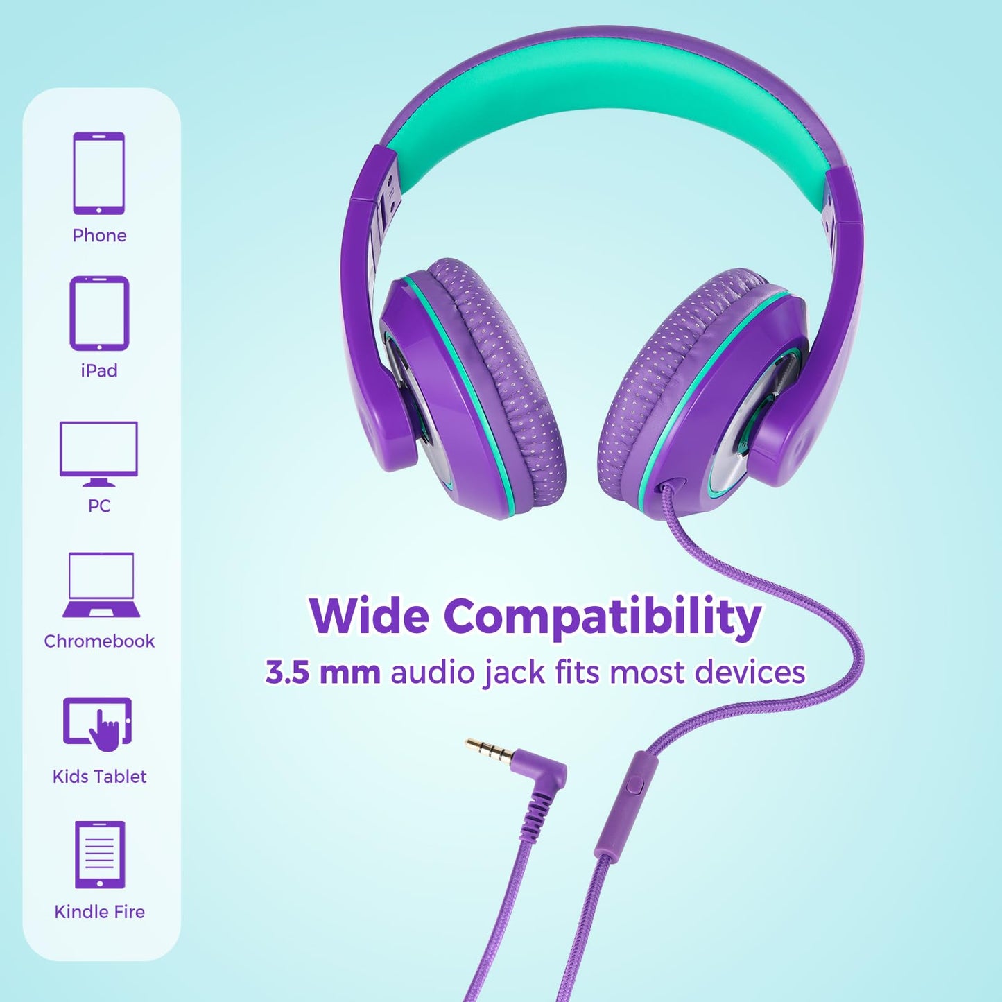 rockpapa Comfort+ Kids Headphones with Microphone, Boys Girls Student Over-Ear Headphones Wired Foldable for School Classroom Laptop PC Computer Tablet Purple Green