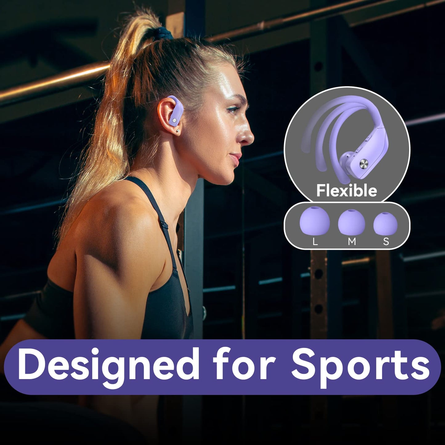 bmani Wireless Earbuds Bluetooth Headphones 48hrs Play Back Sport Earphones with LED Display Over-Ear Buds with Earhooks Built-in Mic Headset for Workout Purple