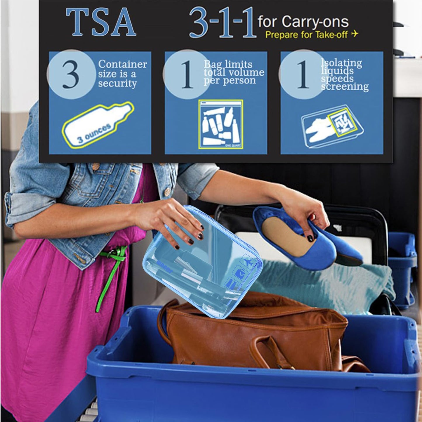 TSA Approved Clear Travel Toiletry Bag wih Zippers Carry-on Travel Accessories Quart Size Toiletries Cosmetic Pouch Makeup Bags for Men and Women Patent Pending (Blue)