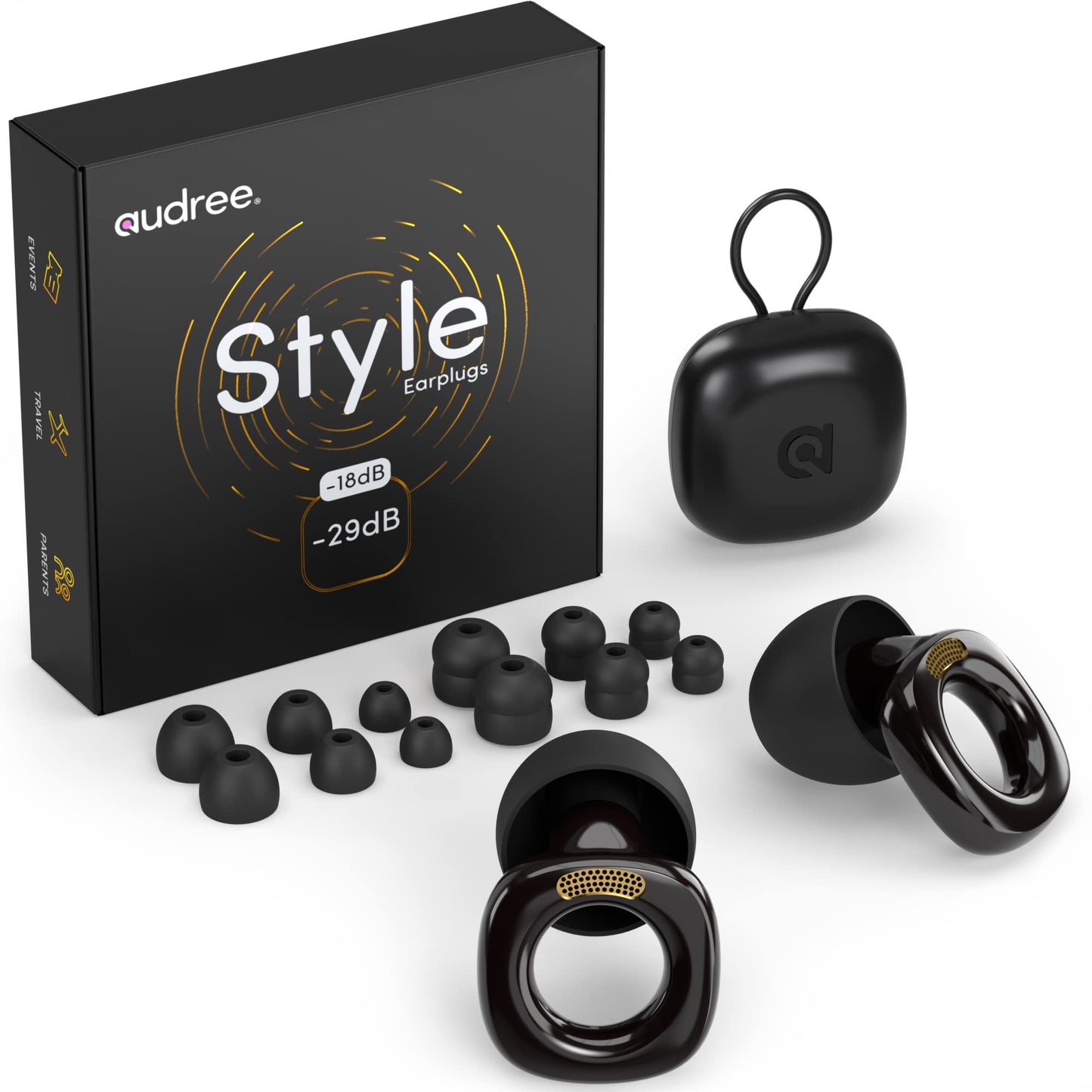 Audree Style Ear Plugs for Noise Reduction, Reusable High Fidelity Earplugs for Concerts, Musicians, Motorcycles, Study, Parent, Party, Flights & Noise Sensitivity, 18-29dB Noise Cancelling, Black