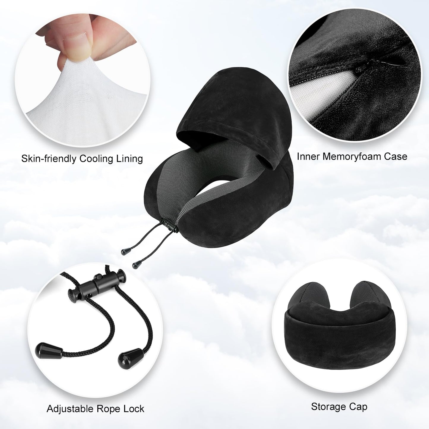 Cirorld Travel Pillow, Neck Pillow for Travel with Hood for Airplane, Velvet Memory Foam Neck Pillow Adult Head & Neck Support, for Long Flights Plane, Office, Cars Sleeping & Rest (Black)