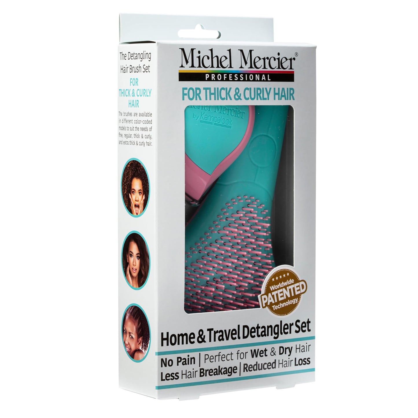 Michel Mercier Home and Travel Detangler Brush Set - Reduces Frizz and Breakage for Thick, Curly Hair - 2 Pc