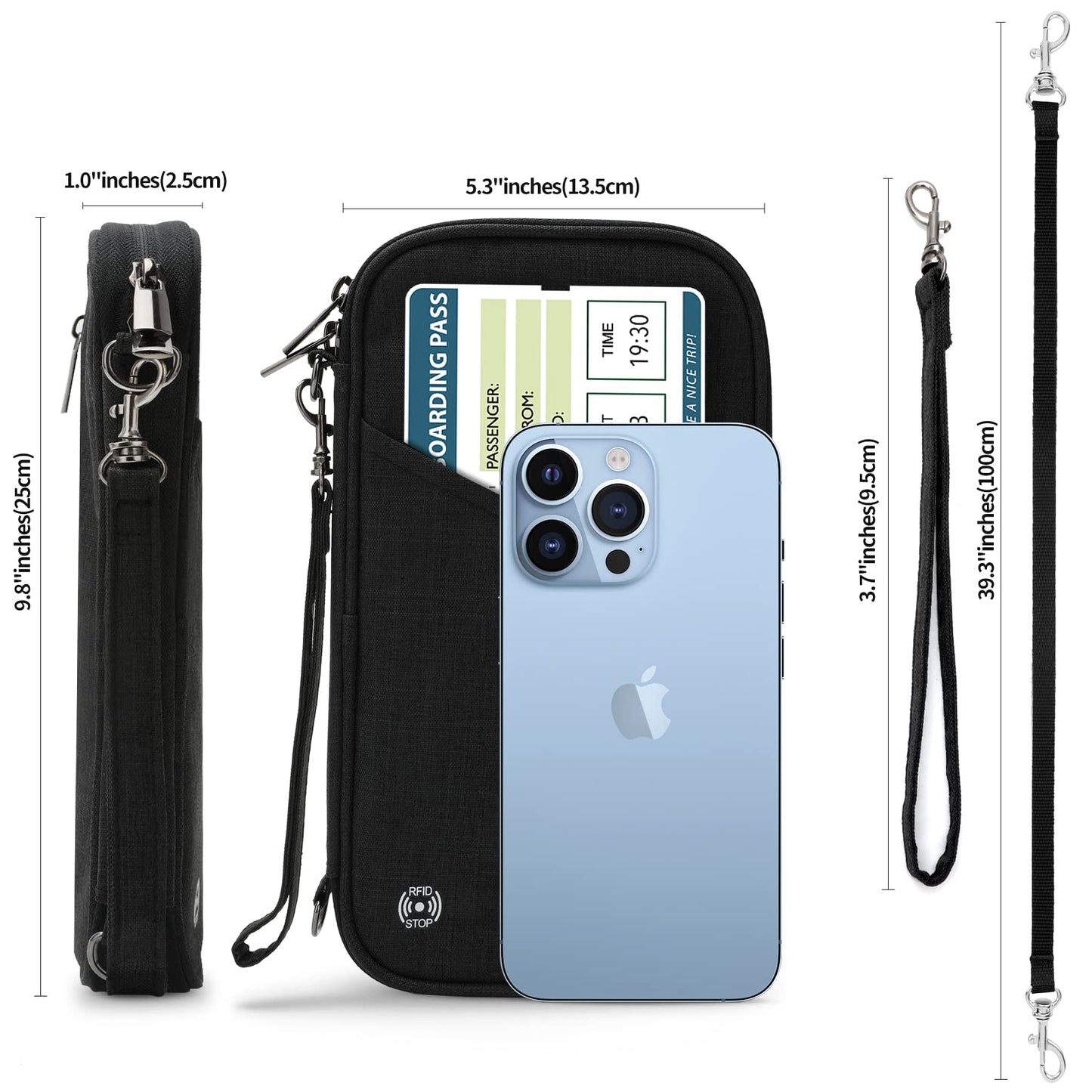 Travel Passport Wallet with RFID Shielding, Crossbody Strap and Wristlet Strap (Black)