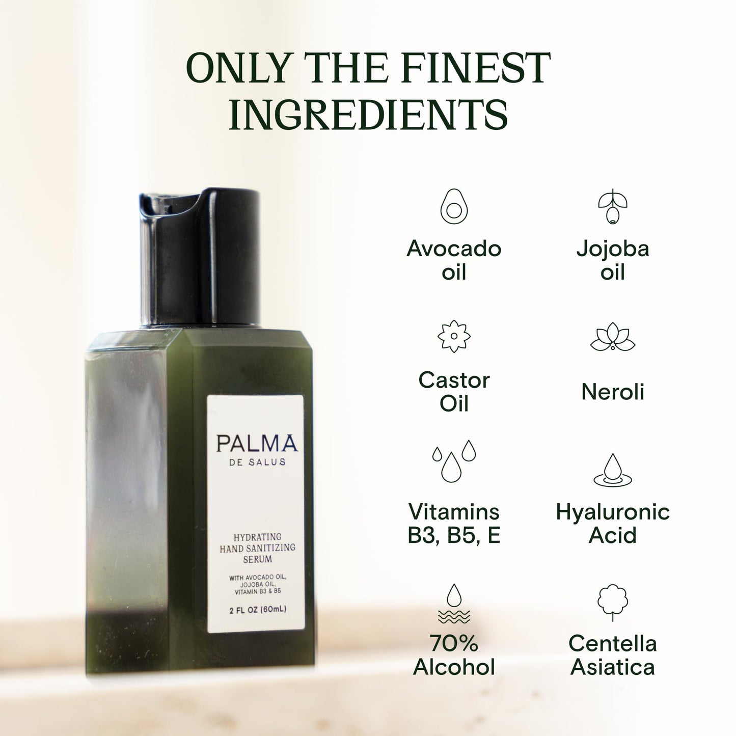 Palma de Salus 2-in-1 travel-size moisturizing hand sanitizer & hand lotion | avocado oil, jojoba oil, hyaluronic acid, centella asiatica, castor oil | neroli scent | 70% alcohol | (2oz)