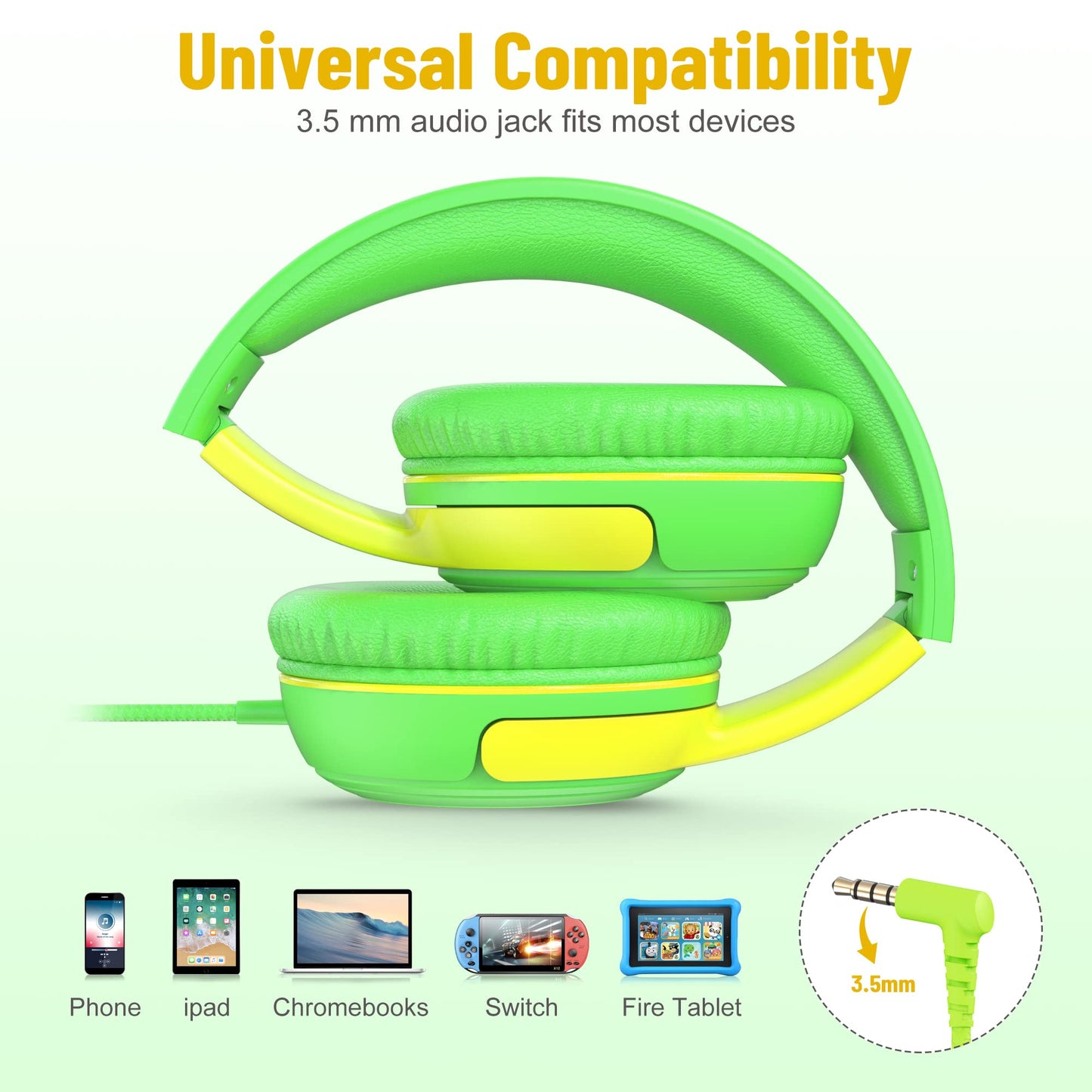 rockpapa Share 1 Kids Headphones Wired with Microphone & Share Port, 85dB/94dB Volume Limited, Cute Foldable Student Child Boys Girls Headphones for School/Classroom/Travel Green/Yellow