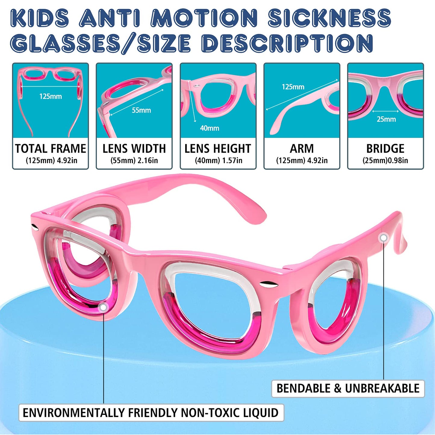 Hion Kids Anti- Motion Sickness Smart Glasses, Ultra-Light Portable Nausea Relief Liquid Glasses, Carsickness Airsickness Seasickness Glasses, Kids Travel/Cruise Essentials