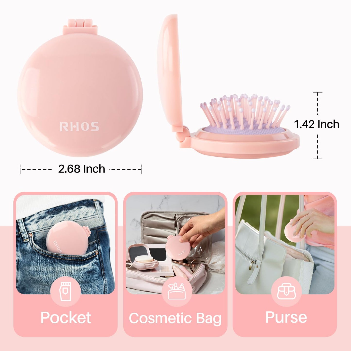 Round Folding Brush with Mirror (Pink)