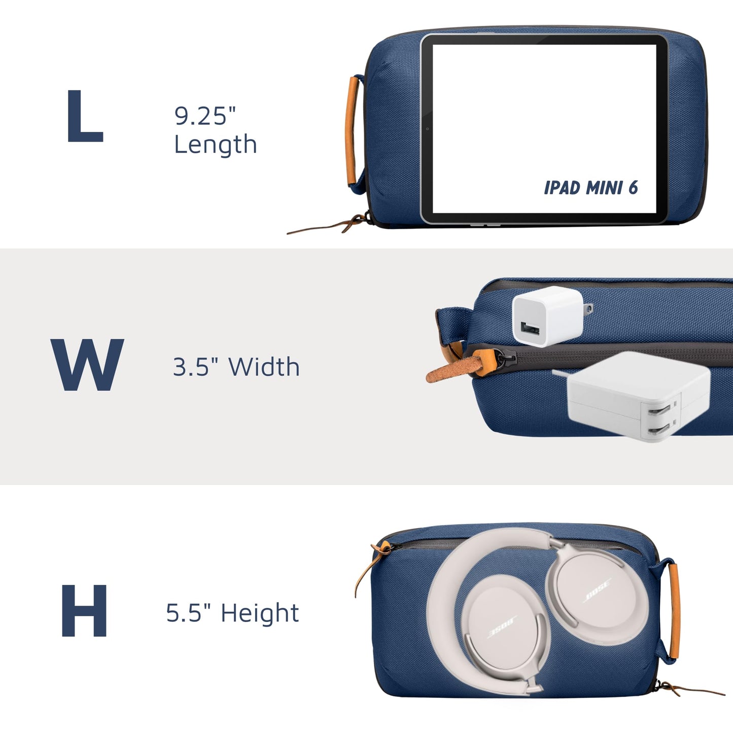 TRIPPED Travel Gear Tech Bag Organizer - Small Electronics Organizer Pouch for Travel - Premium Travel Case with Leather Accents - Mesh Pocket for Cables, Cords and Chargers (Navy)