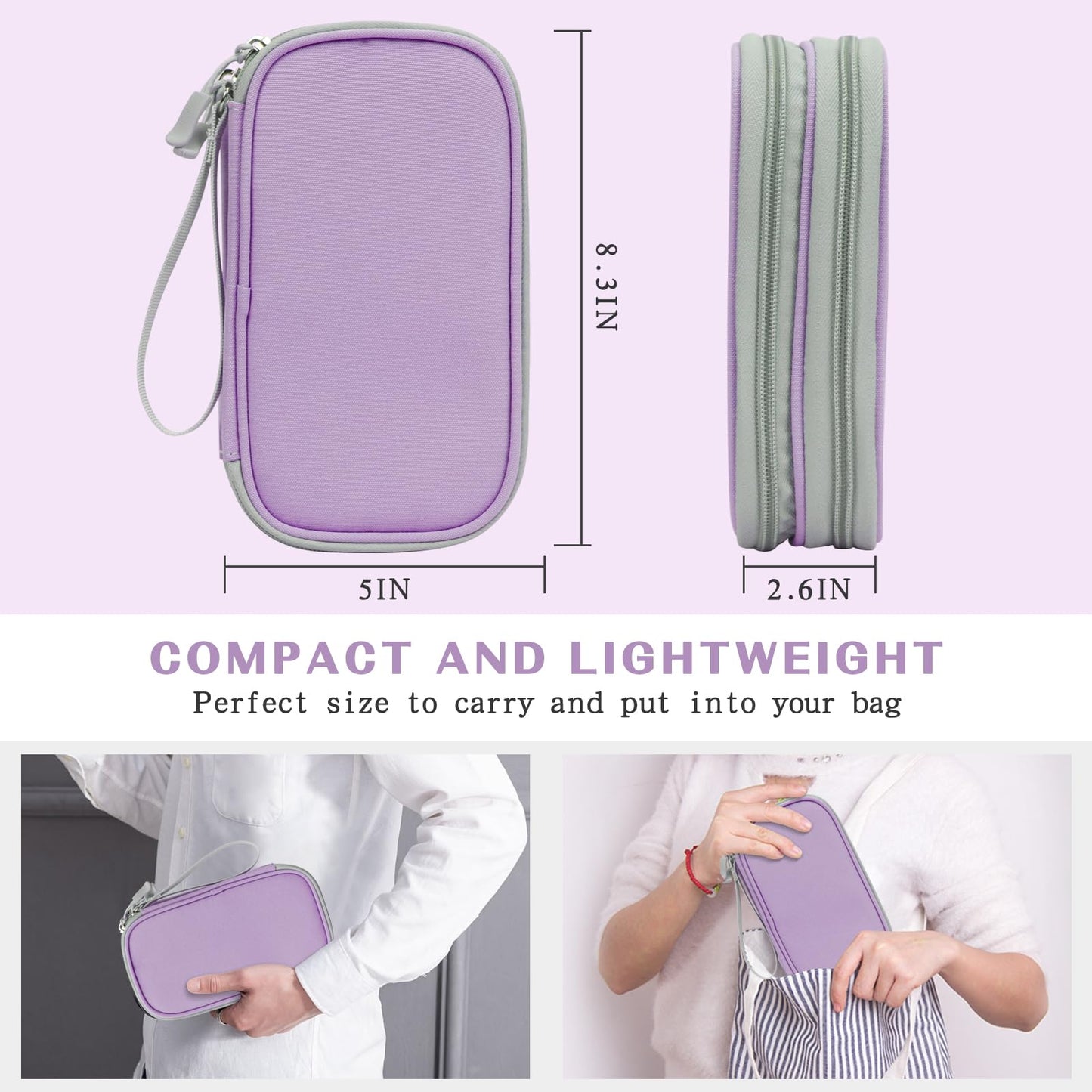 FYY Electronic Organizer, Travel Cable Organizer Bag Pouch Electronic Accessories Carry Case Portable Waterproof Double Layers Storage Bag for Cable, Charger, Phone, Medium Size- Light Purple